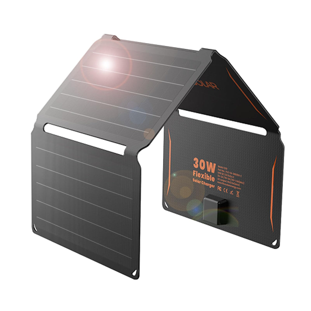 FlexSolar front view showing full 30W panel and portable design benefit