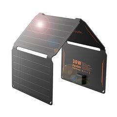 FlexSolar front view showing full 30W panel and portable design benefit
