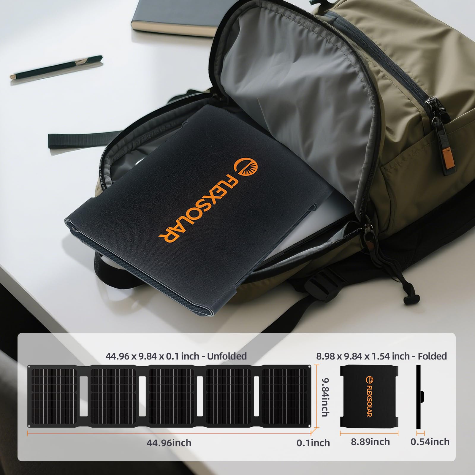 FlexSolar beside water bottle showing compact size and transport benefit