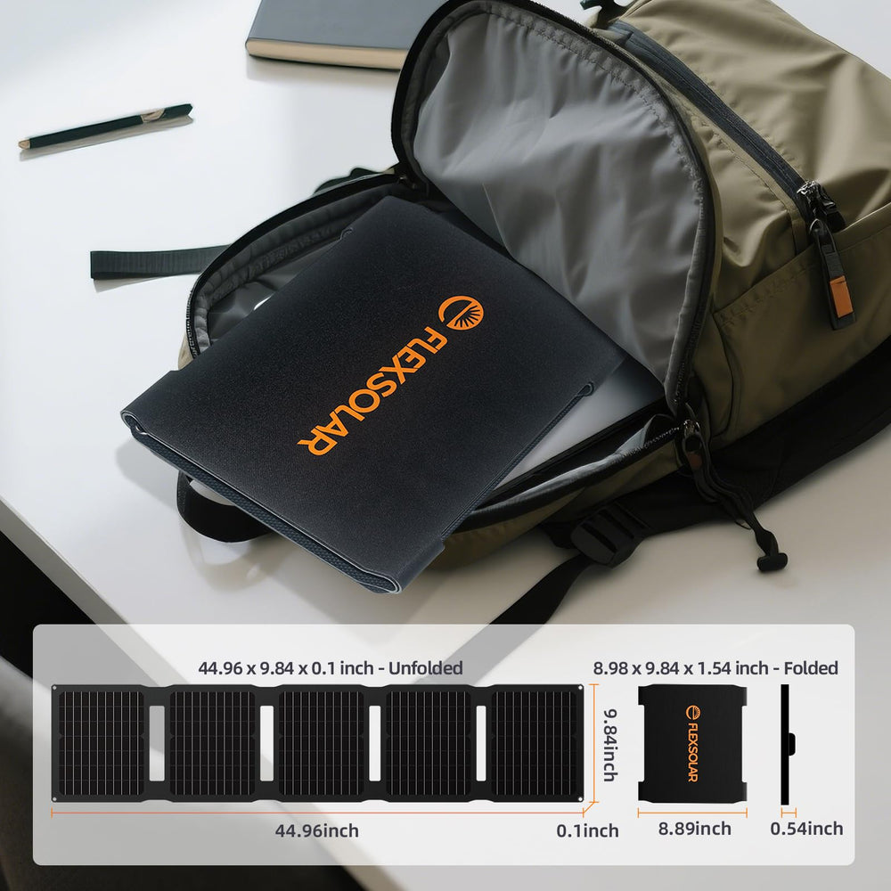 FlexSolar beside water bottle showing compact size and transport benefit