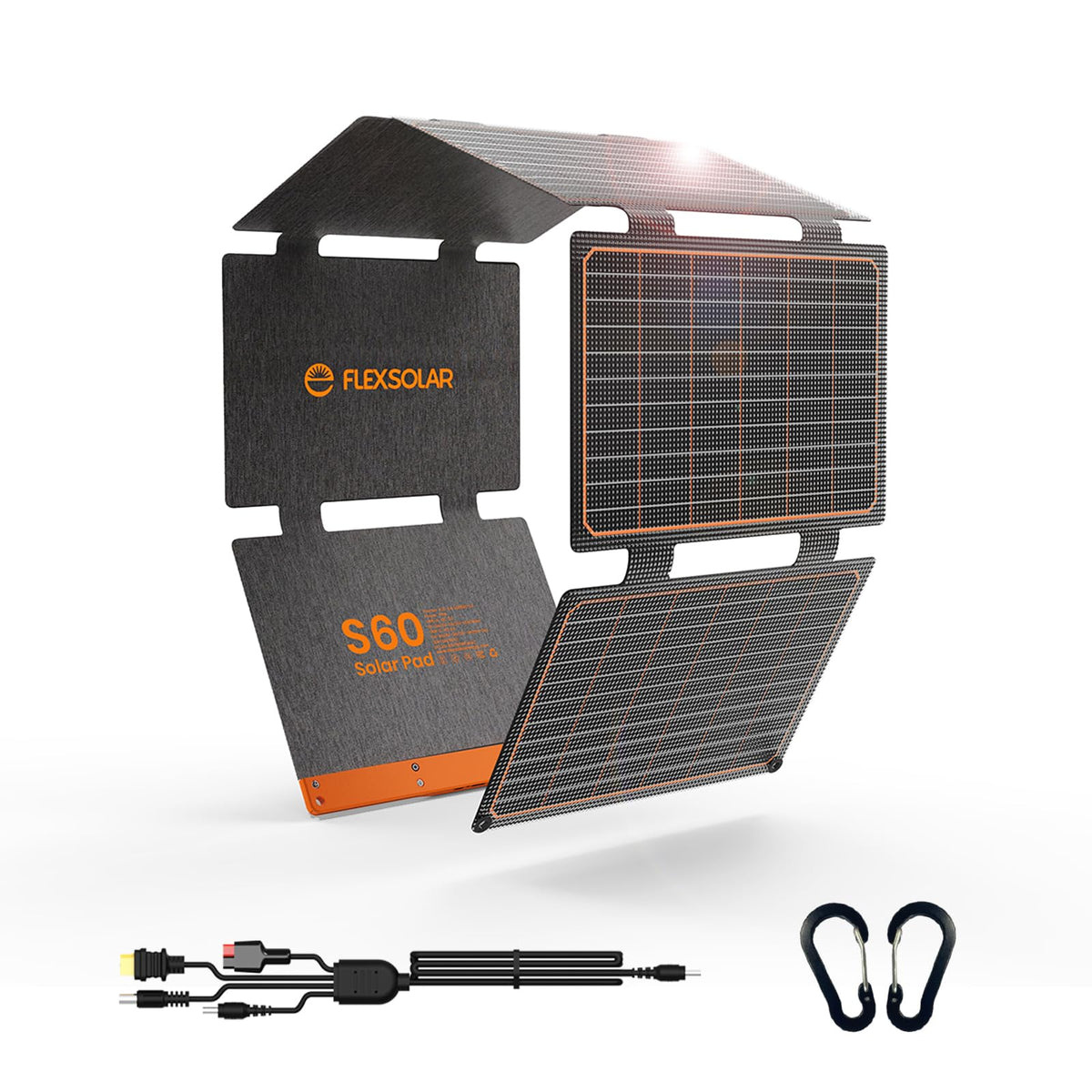 FlexSolar 60W front view showing solar array and fast charge ports for reliable power