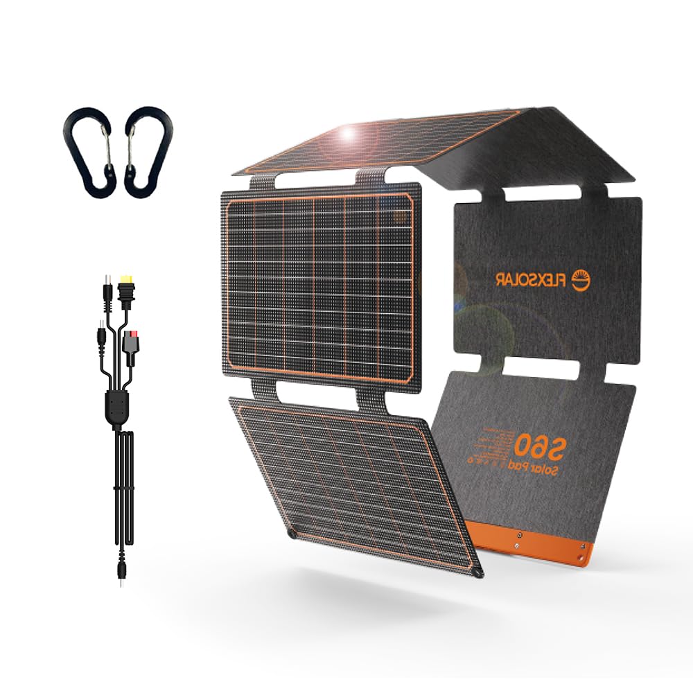 FlexSolar front view showing full unfolded panel and portability benefits