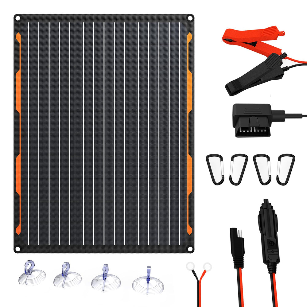 FlexSolar front panel view showing slim flexible design and easy install benefit