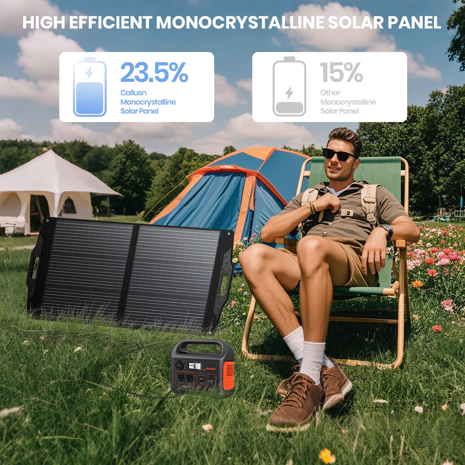 FlexSolar panel open on adjustable stands angled for optimal sun capture