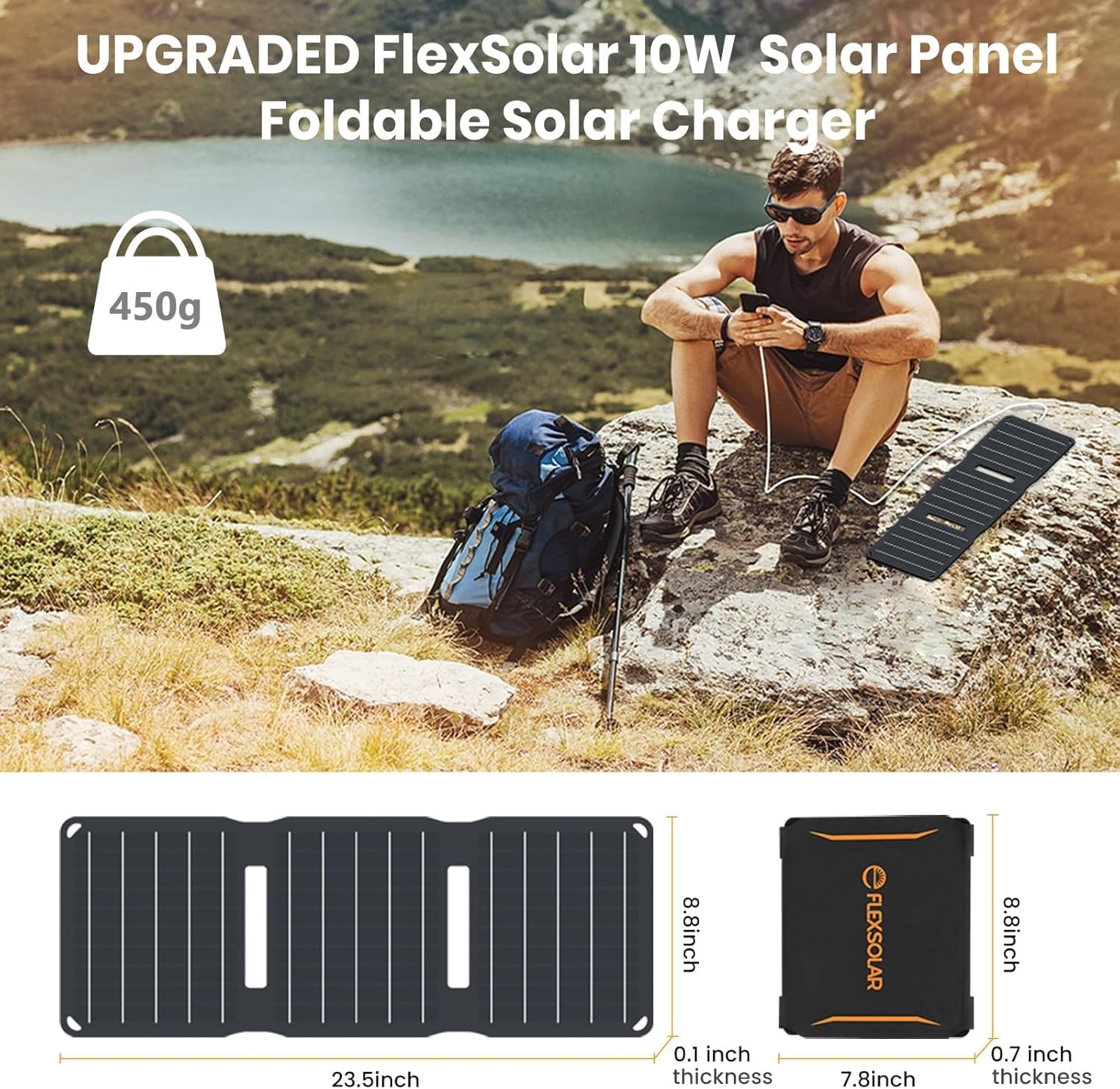 FlexSolar next to smartphone for size comparison and travel-friendly benefit
