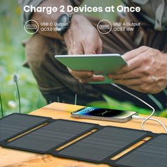 FlexSolar attached to backpack with carabiners showing hands-free charging benefit