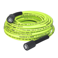 Flexzilla front view showing hose coiled and clear label, durable and flexible