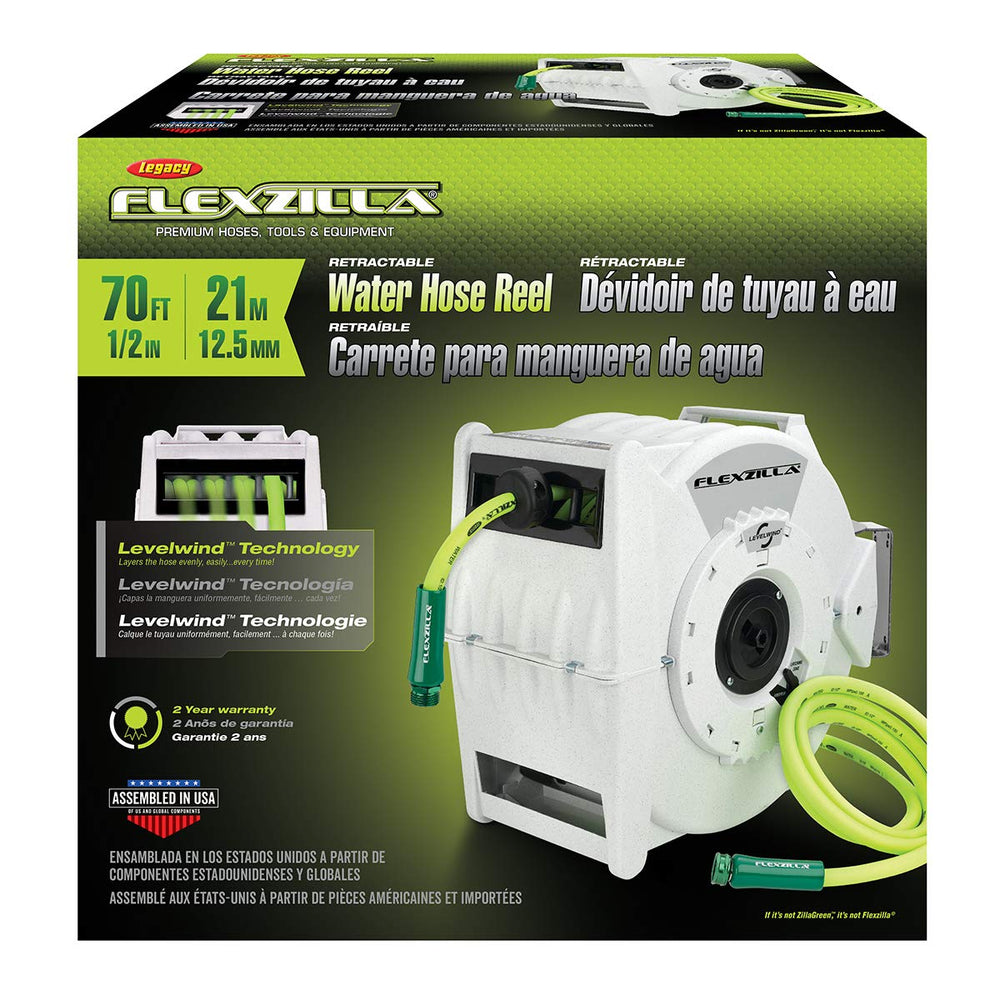 Flexzilla levelwind close-up showing guided winding system for even hose layers