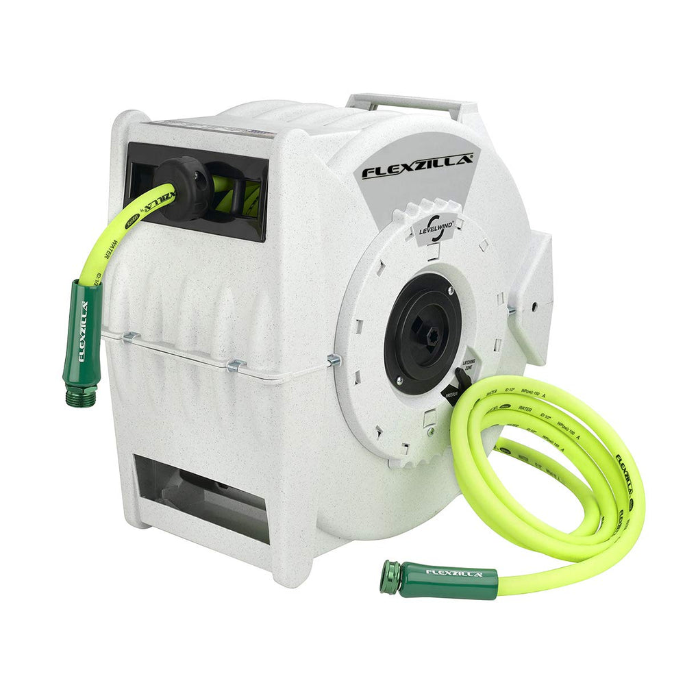 Flexzilla reel front view showing compact design and ZillaGreen finish for organized storage