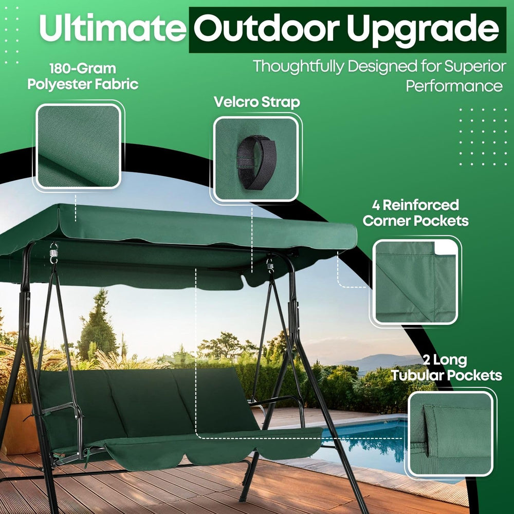 Flexzion canopy installed on porch swing illustrating shade and refreshed outdoor look