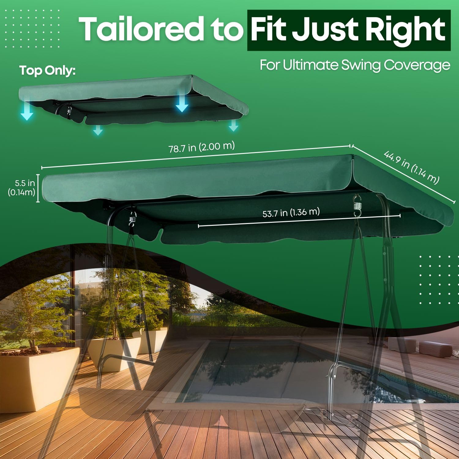 Flexzion canopy next to tape measure illustrating 77 by 43 inch size fit benefit
