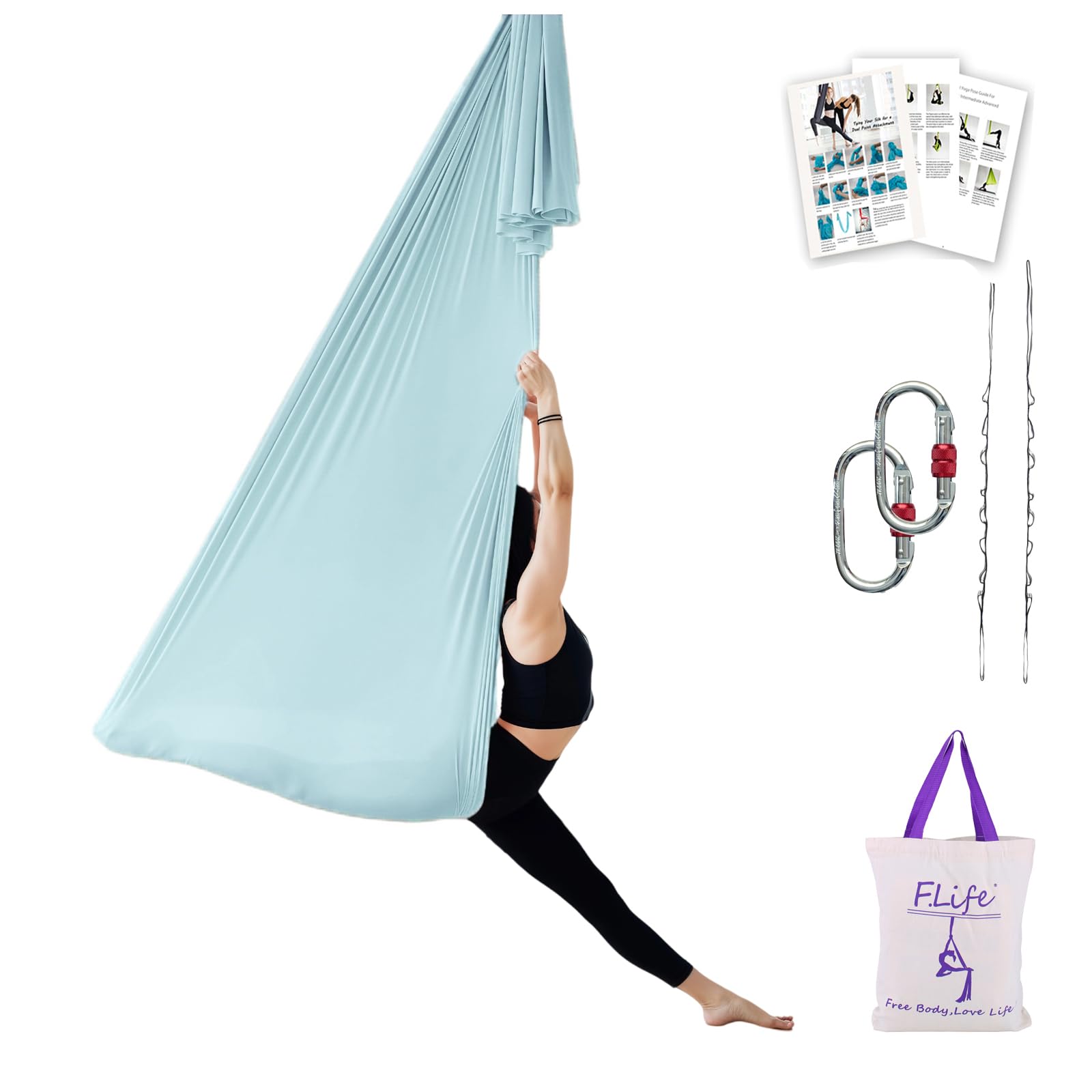 F.Life hammock front view showing lake blue fabric and included kit — clear contents benefit
