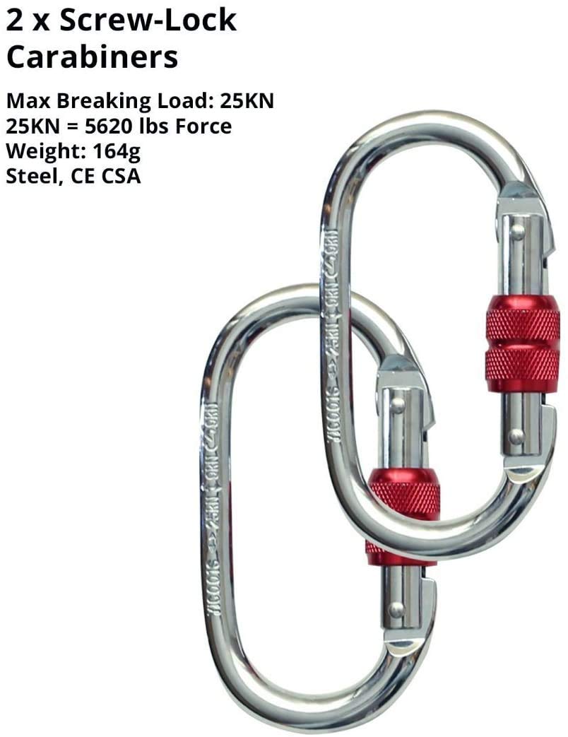 F.Life carabiner and daisy chain detail emphasizing certified, strong hardware