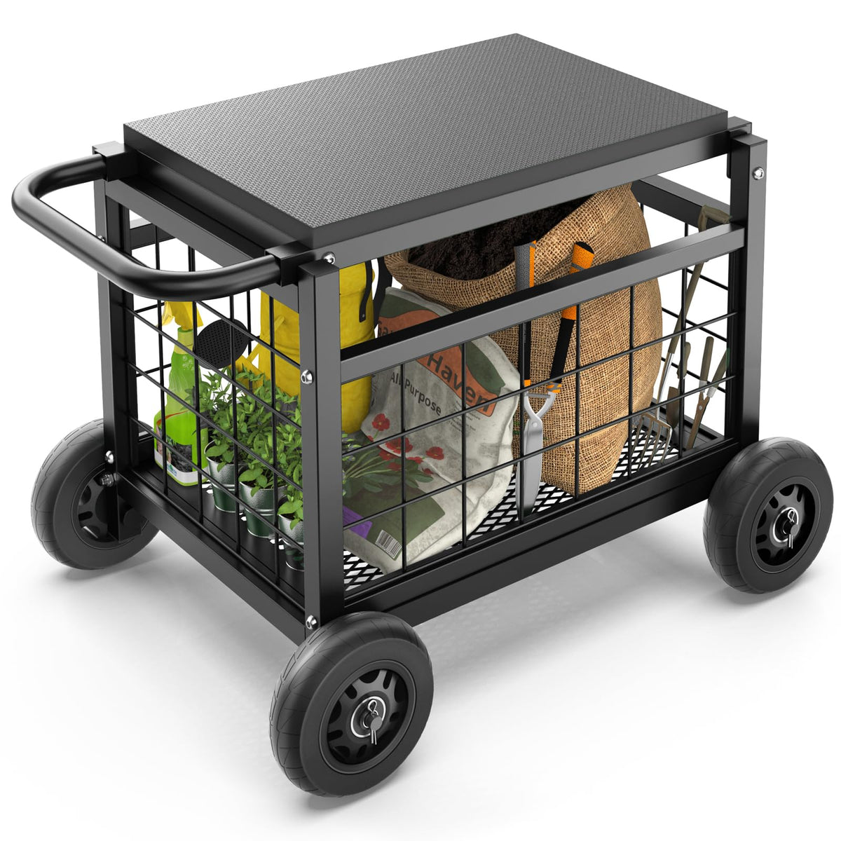 FLINTER front view showing seat and storage, for comfortable gardening