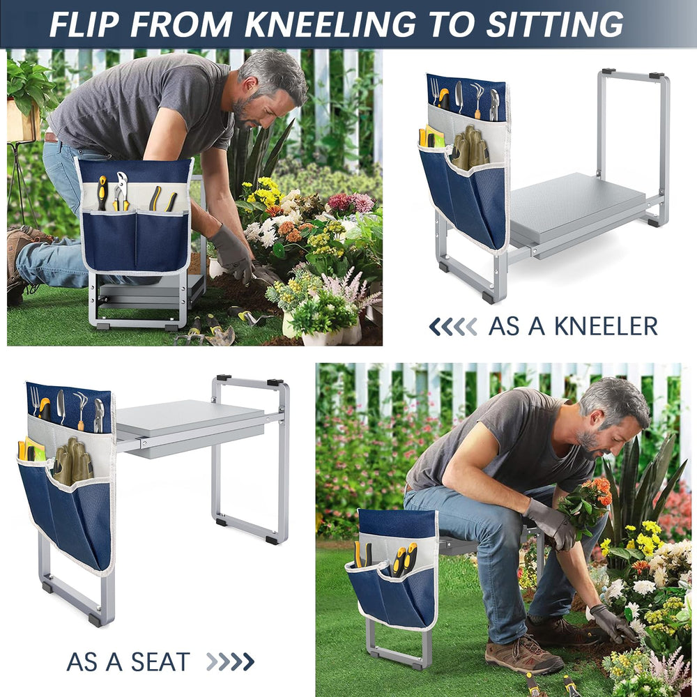 FLINTER in use with gardener kneeling using arms to stand up for safer transitions