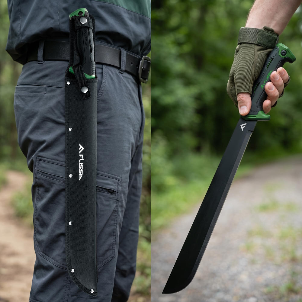 FLISSA sheath front with buckles showing secure transport and blade protection