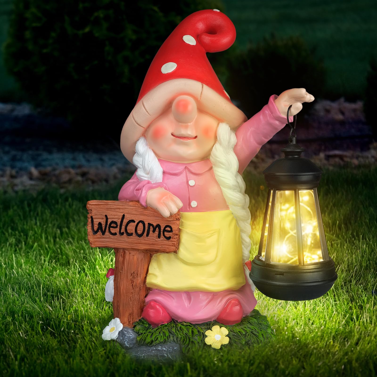 FLJZCZM gnome front view showing welcome sign and friendly design boost curb appeal