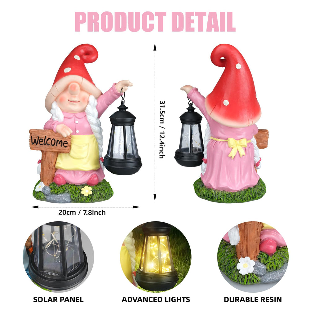 FLJZCZM gnome lantern lit at dusk providing soft solar LED light for ambiance