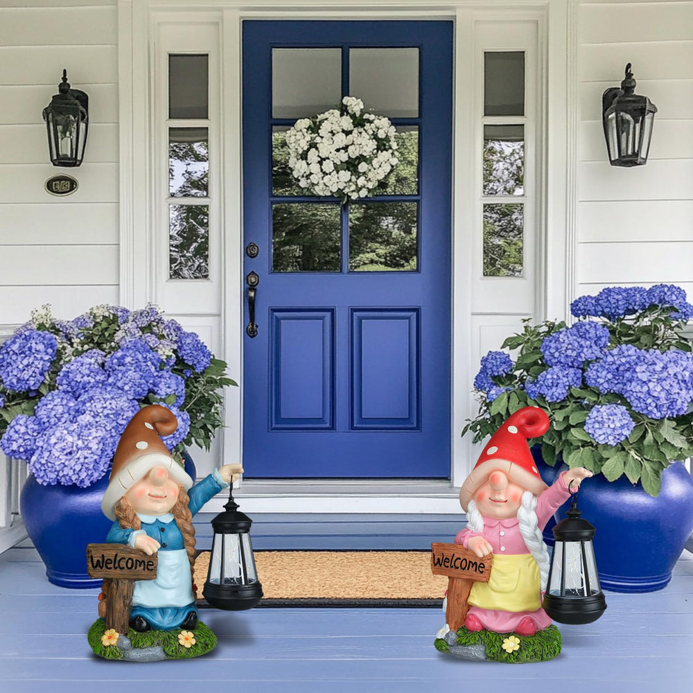 FLJZCZM gnome staged on porch illustrating decorative welcome and nighttime glow