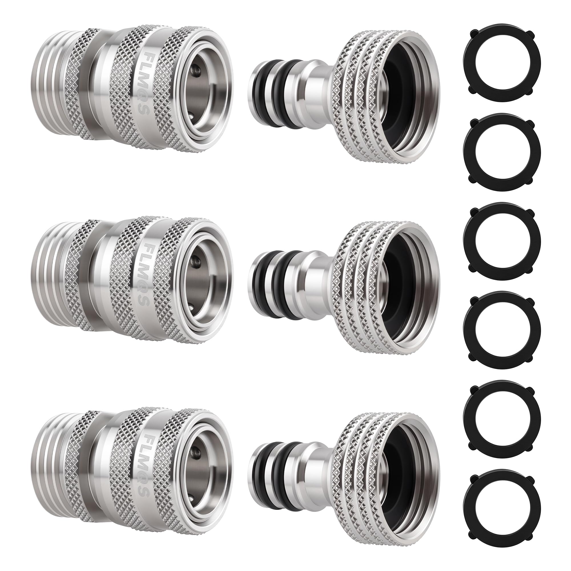 FLMQS front view of connector set showing three male and female fittings, durable kit benefit