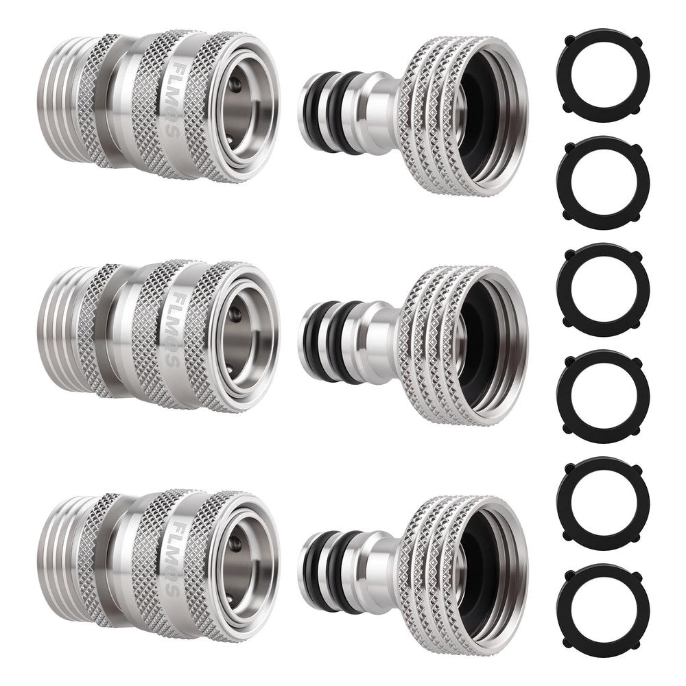 FLMQS front view of connector set showing three male and female fittings, durable kit benefit