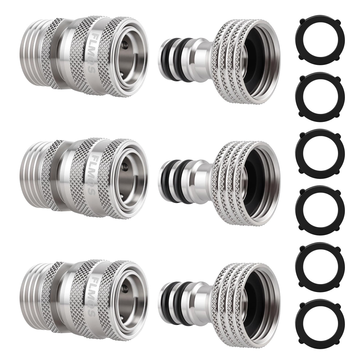 FLMQS front view of connector set showing three male and female fittings, durable kit benefit