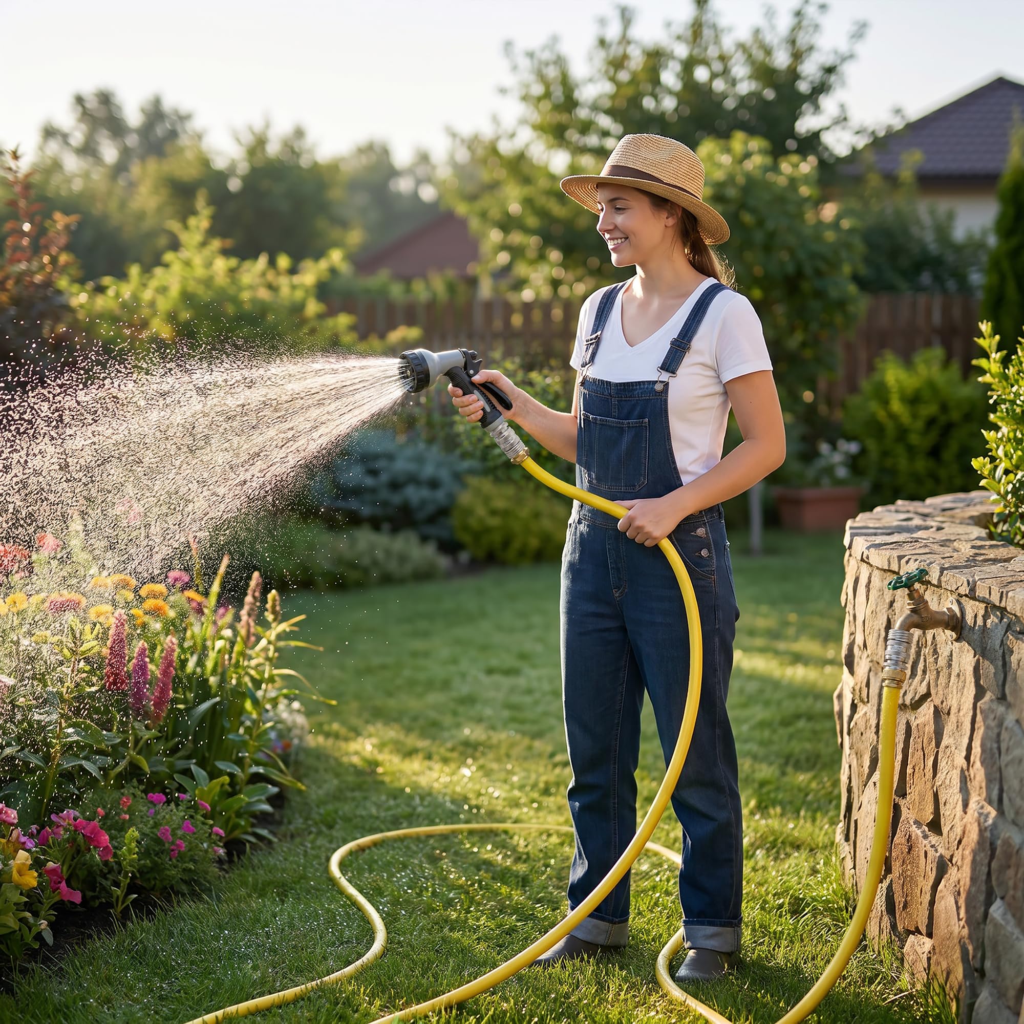 FLMQS quick connectors installed on hose in yard, durable outdoor performance benefit