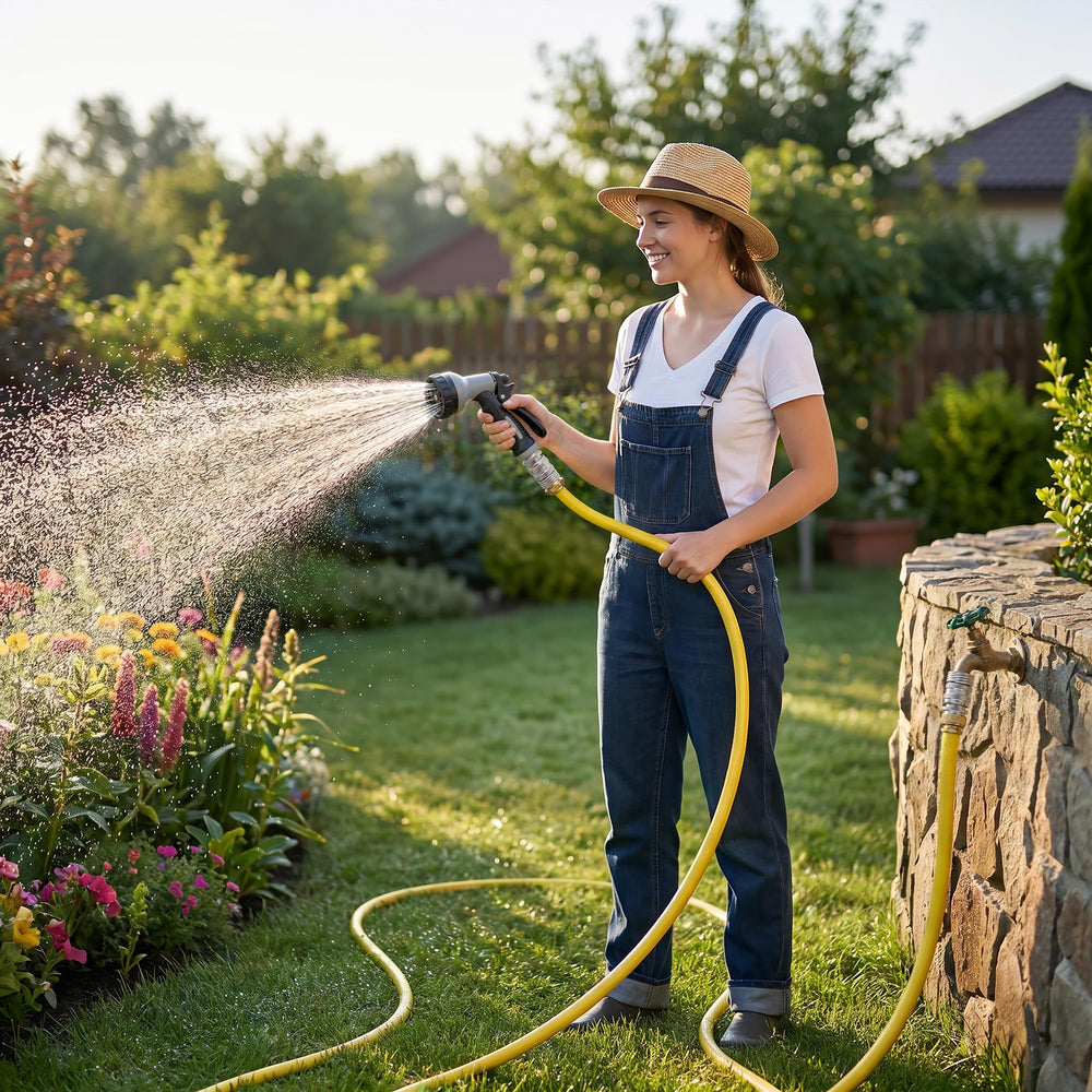 FLMQS quick connectors installed on hose in yard, durable outdoor performance benefit
