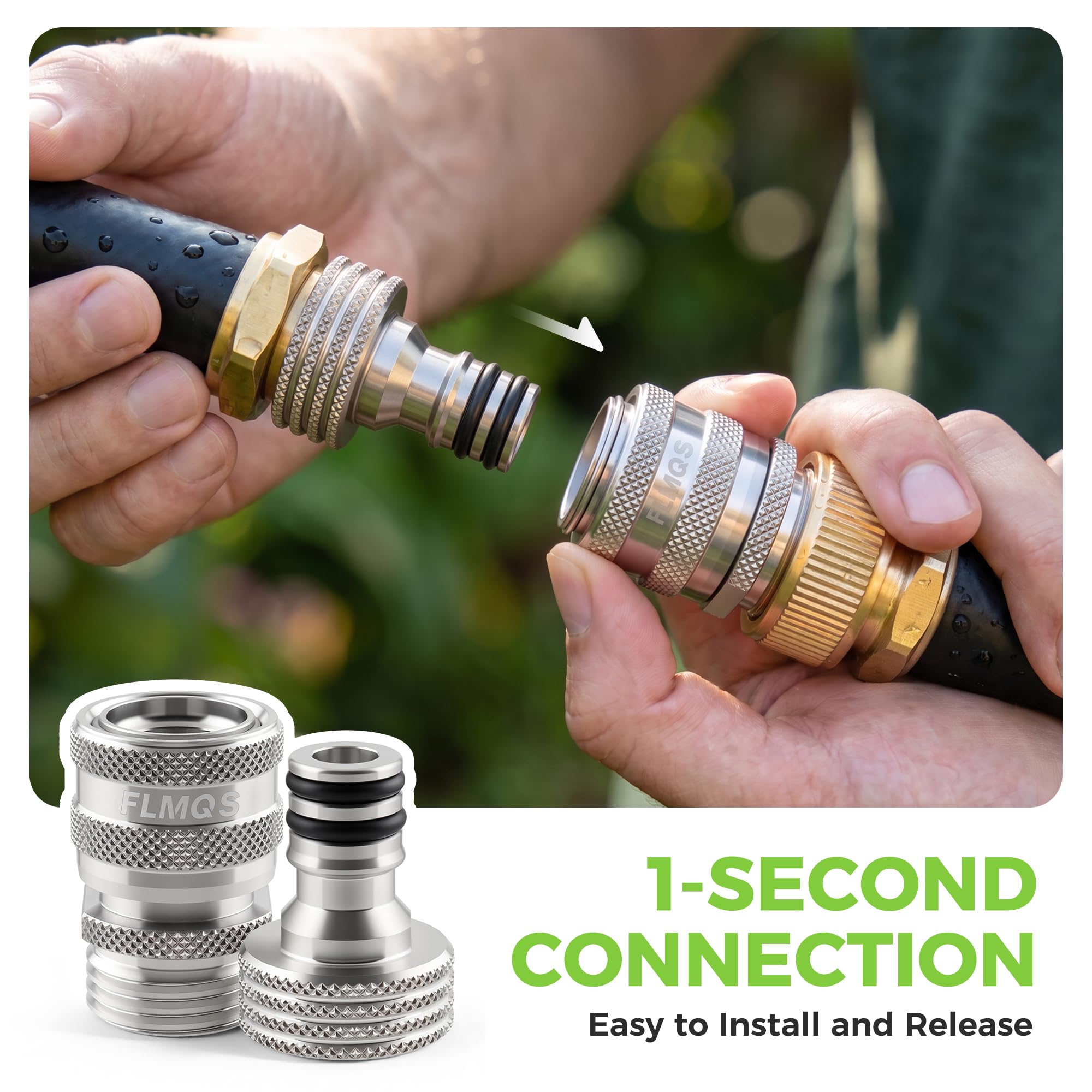 FLMQS connector held in hand to show scale and ergonomic grip for one‑handed use