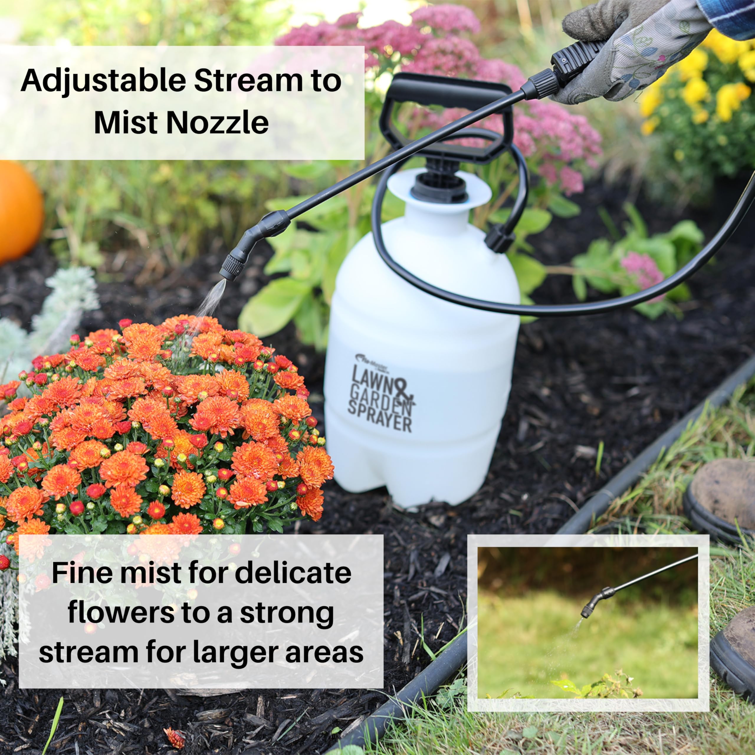 Flo-Master wide funnel top for no-mess quick refills and pouring control