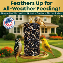Flockin' birds feeding on cylinder showing attraction of backyard species