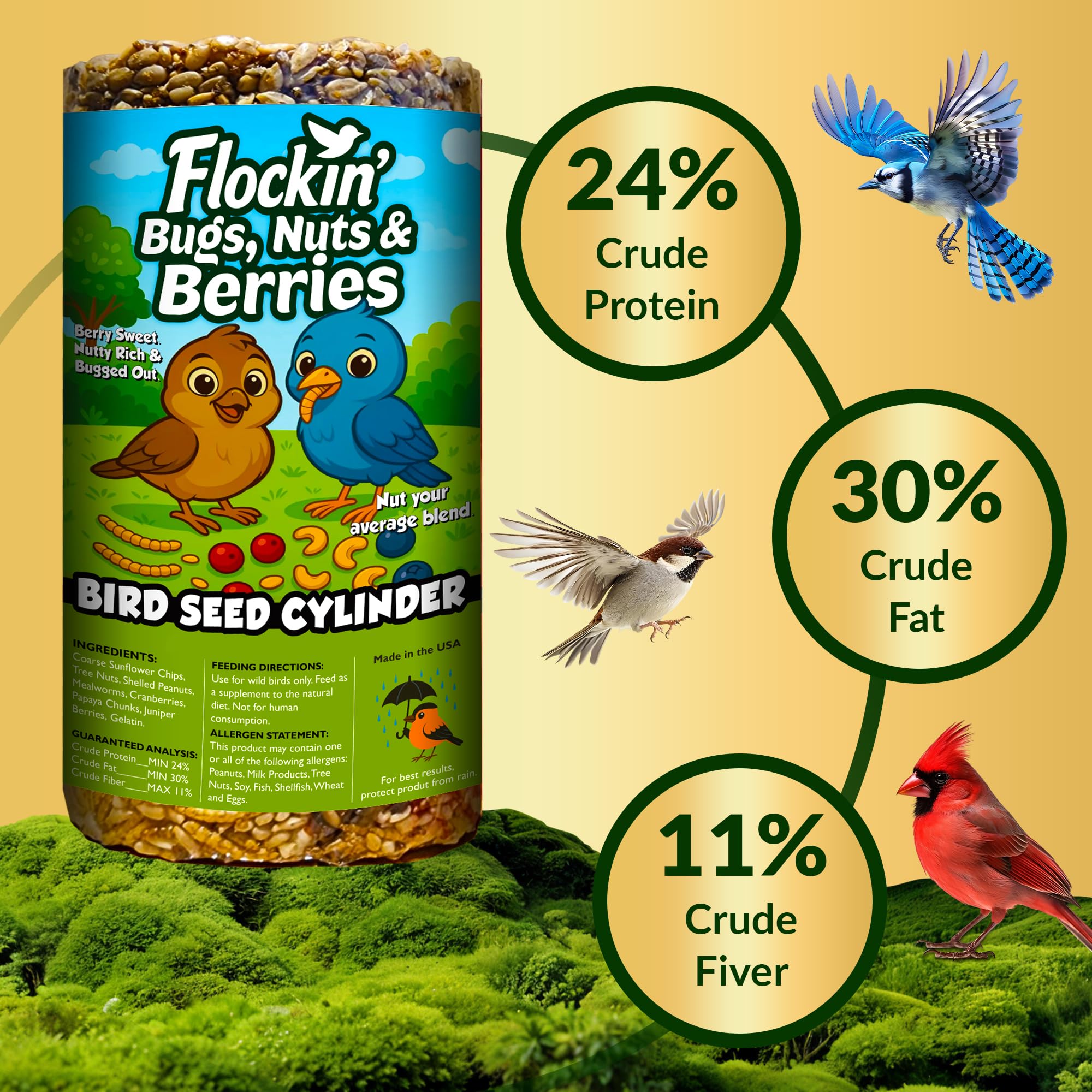 Flockin' branded cylinder with a cardinal feeding, attracting vibrant backyard birds
