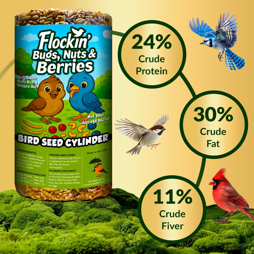 Flockin' branded cylinder with a cardinal feeding, attracting vibrant backyard birds