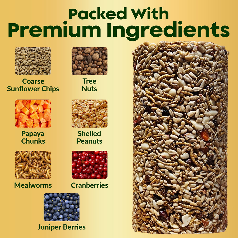 Flockin' close-up texture of mealworms nuts and berries highlighting high-attractant mix