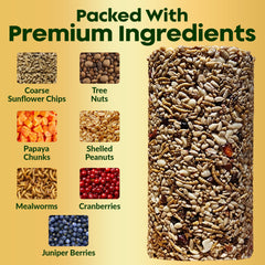 Flockin' close-up texture of mealworms nuts and berries highlighting high-attractant mix