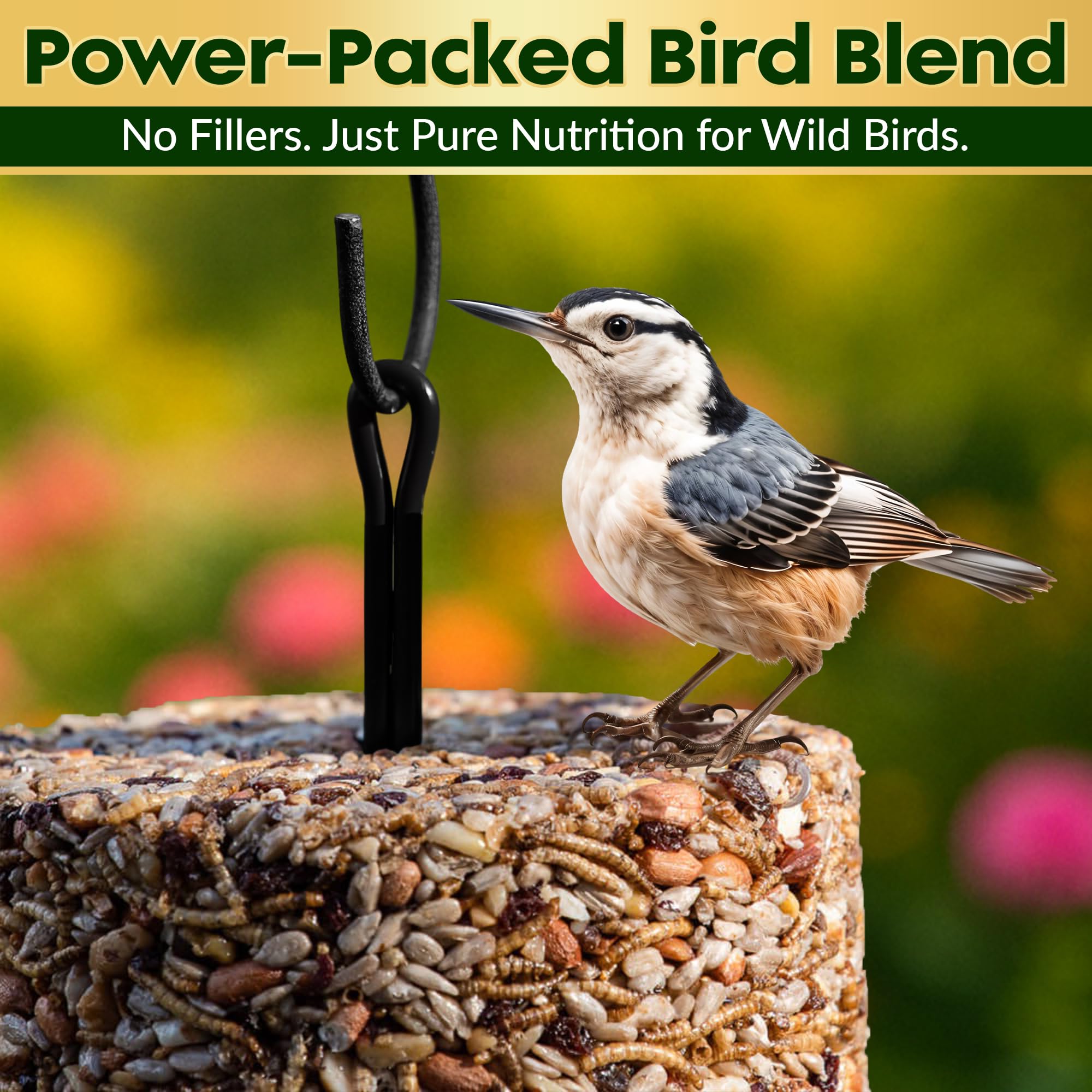 Flockin' seed cylinder resting on wooden deck to show shape and dense composition