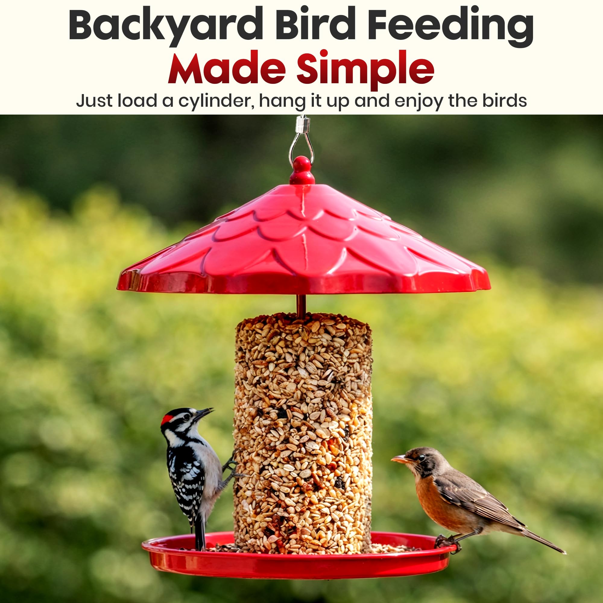 Flockin' feeder hanging from a branch delivering stable seed access outdoors