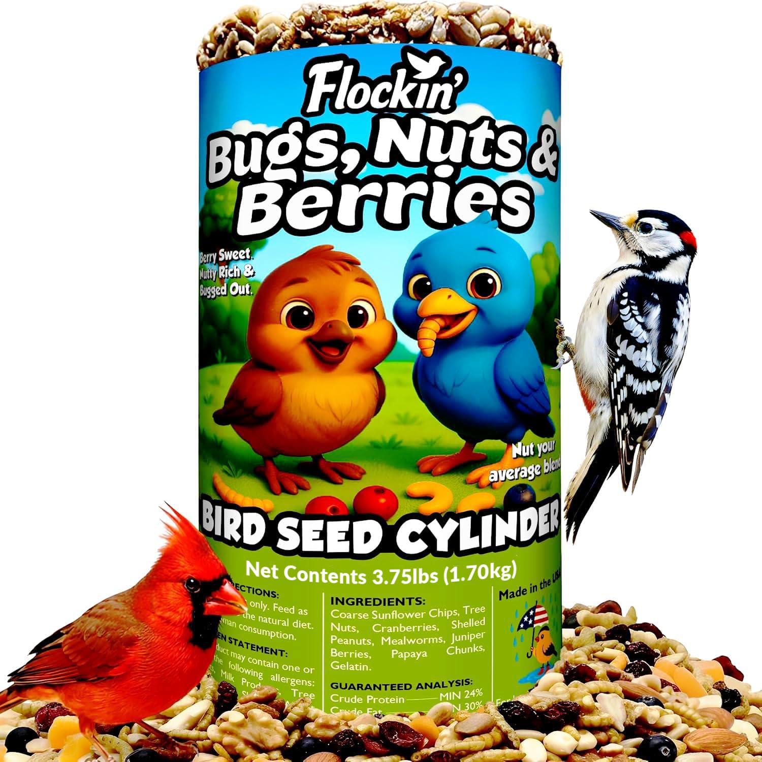 Flockin' front packaging of Bugs Nuts & Berries cylinder showing product and benefits
