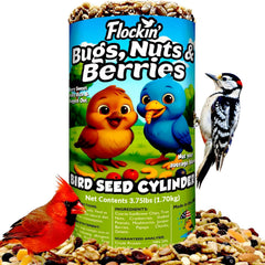 Flockin' front packaging of Bugs Nuts & Berries cylinder showing product and benefits