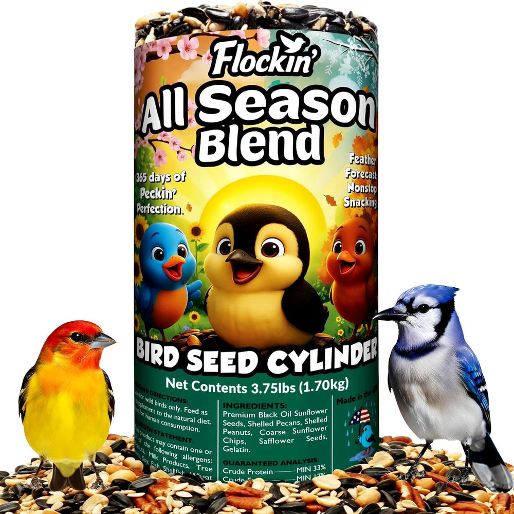 Flockin' front view of seed cylinder showing packaging and size benefit