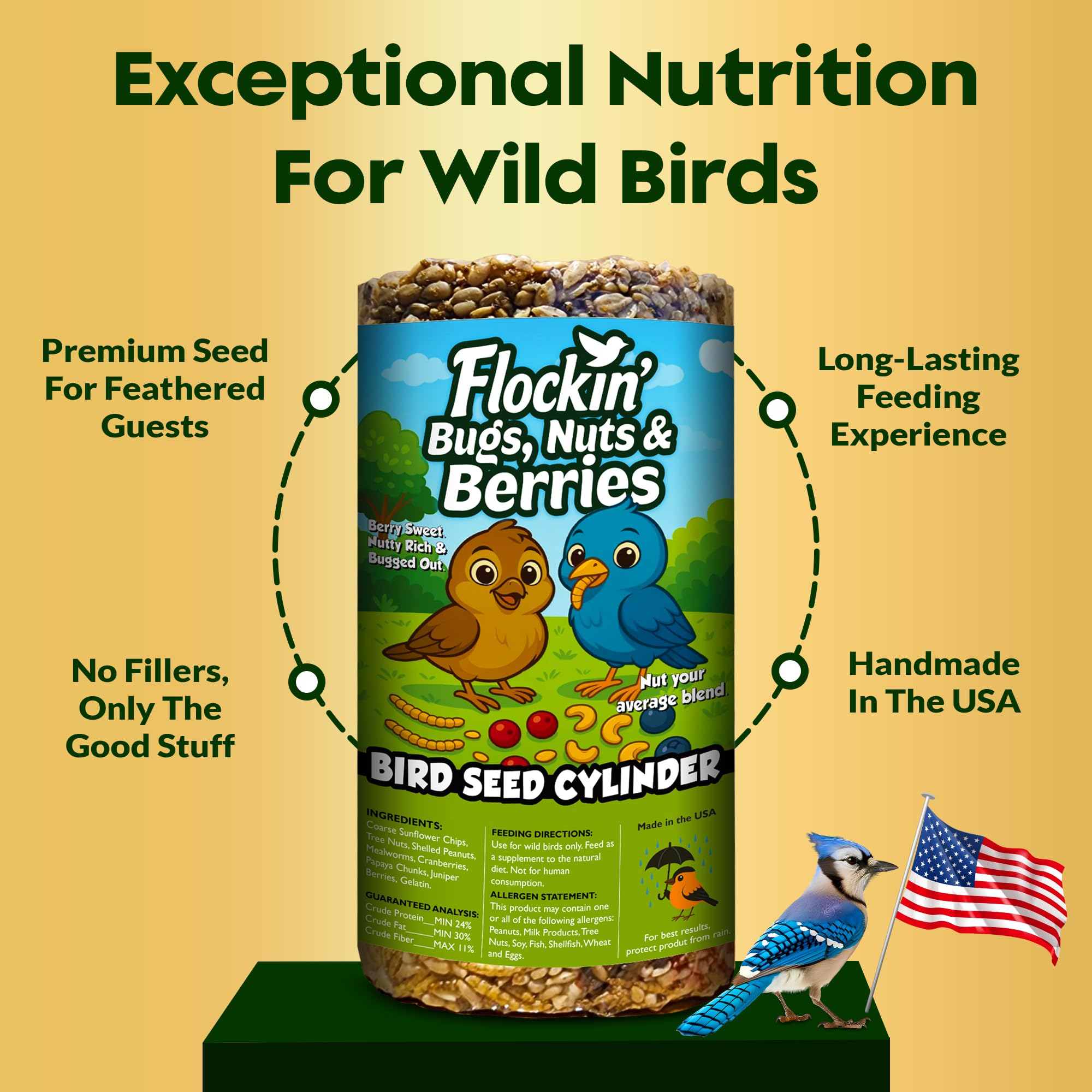 Flockin' seed cylinder installed on rod feeder in garden offering stable feeding