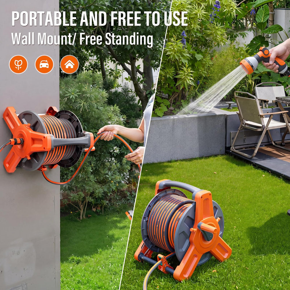 Flonexa hose and reel beside chair showing true 100ft scale and compact footprint