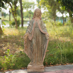 Flooreal Virgin Mary front view showing serene pose and outdoor focal point