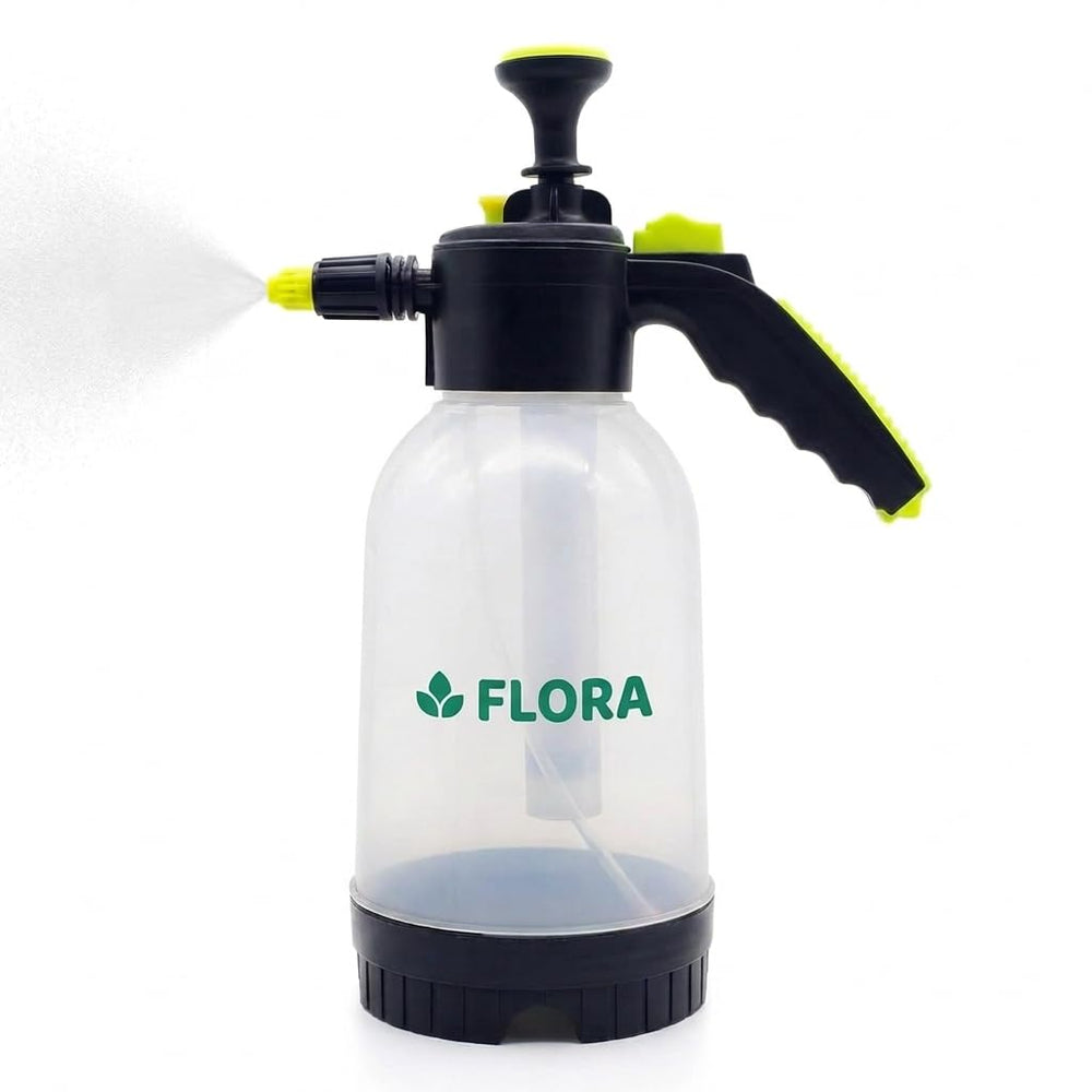 Flora sprayer front view showing compact tank and pump, ideal for easy portability