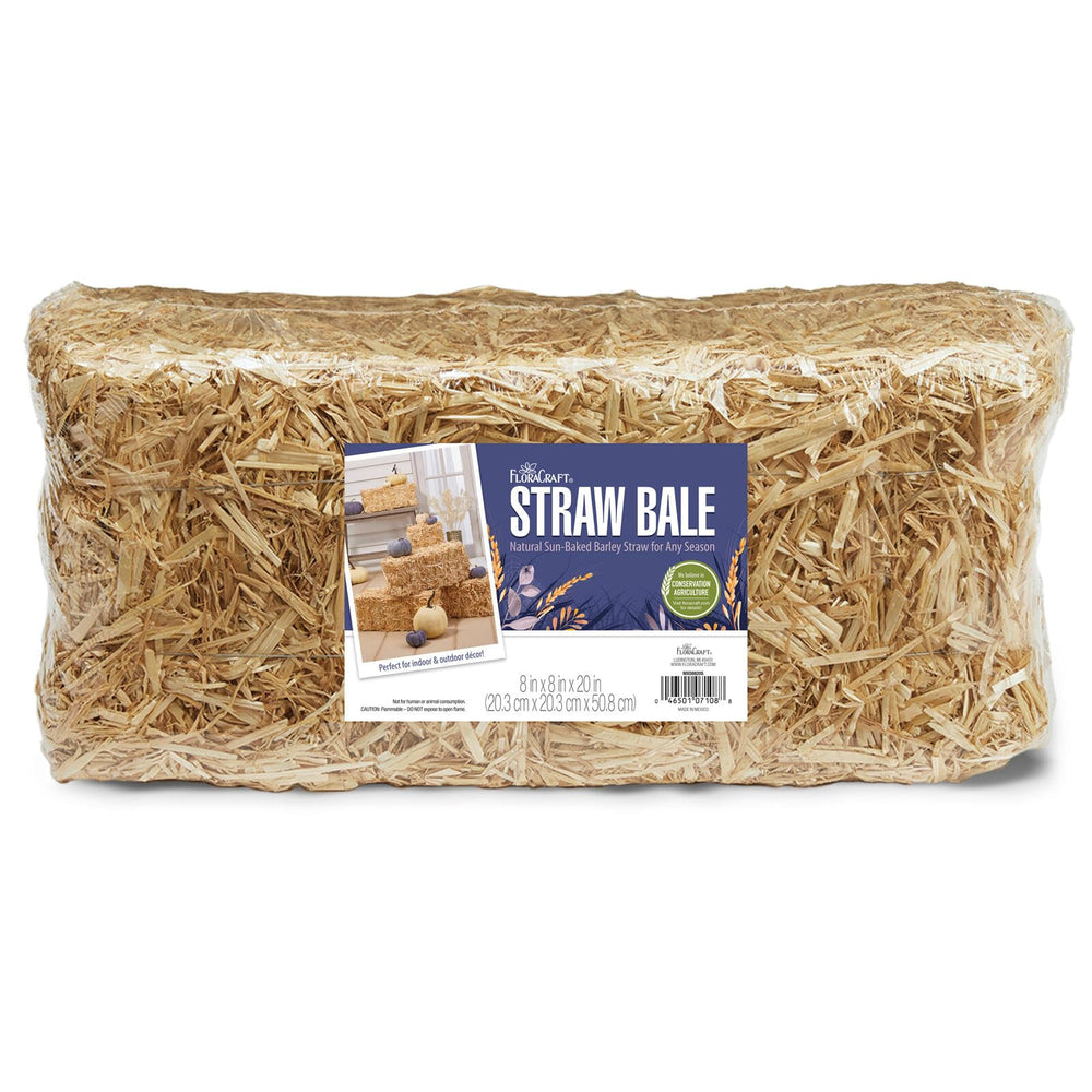 FloraCraft straw bale front view showing compact natural farmhouse charm