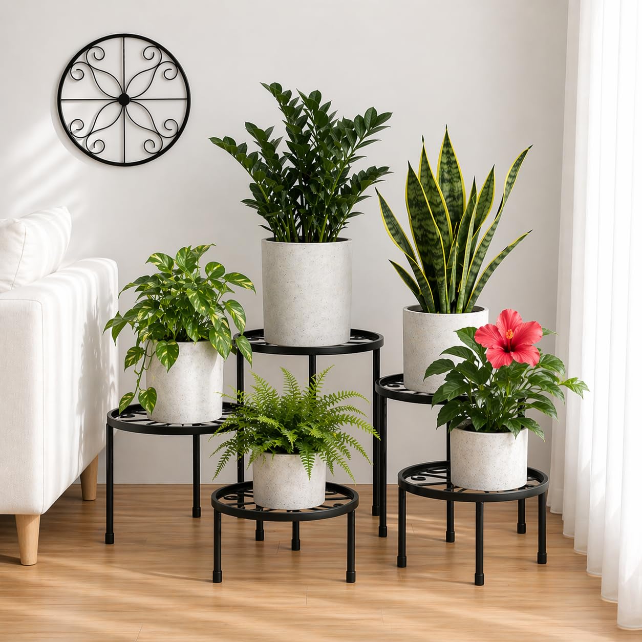 FloriCraft front view of five black metal stands showing graduated heights and stability