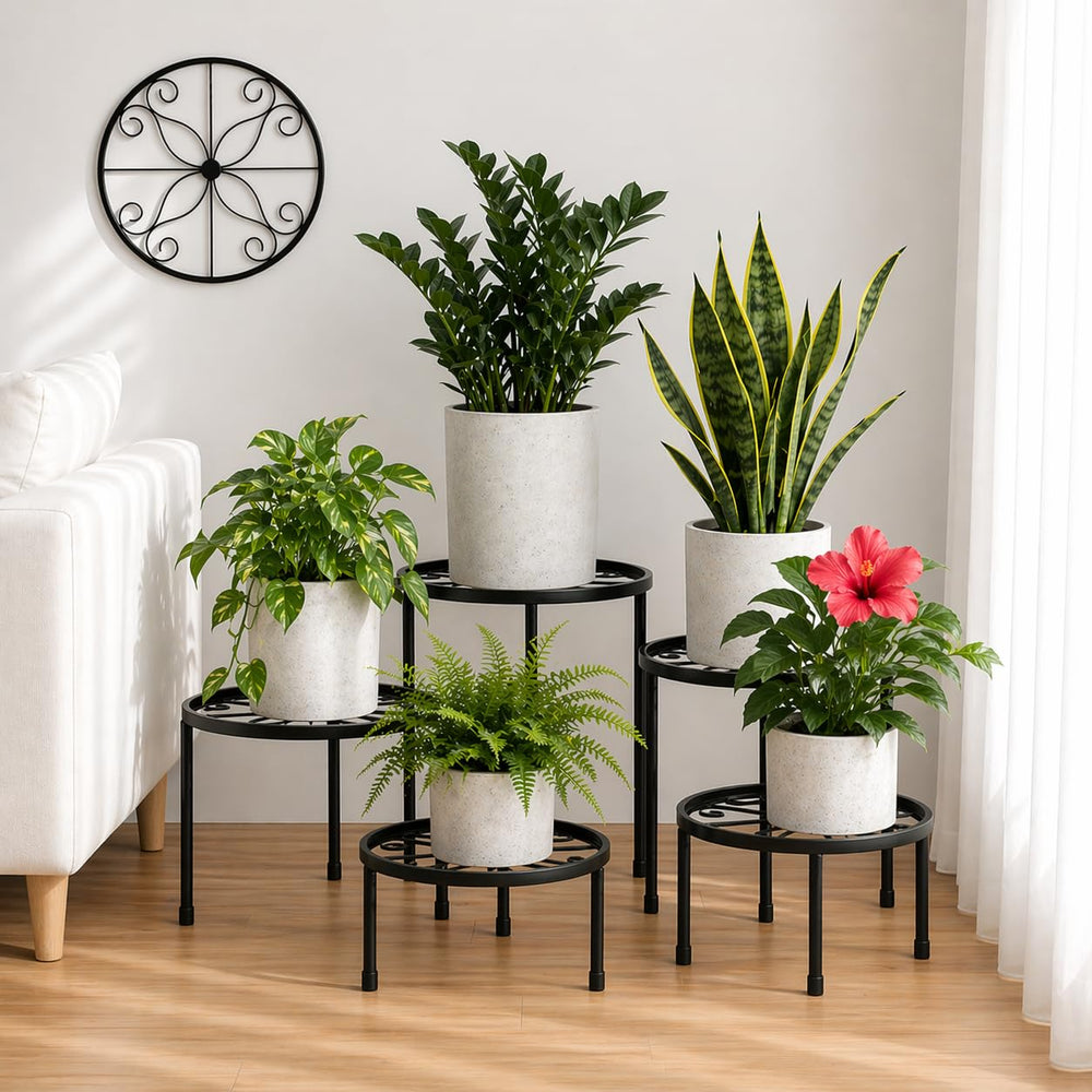 FloriCraft front view of five black metal stands showing graduated heights and stability