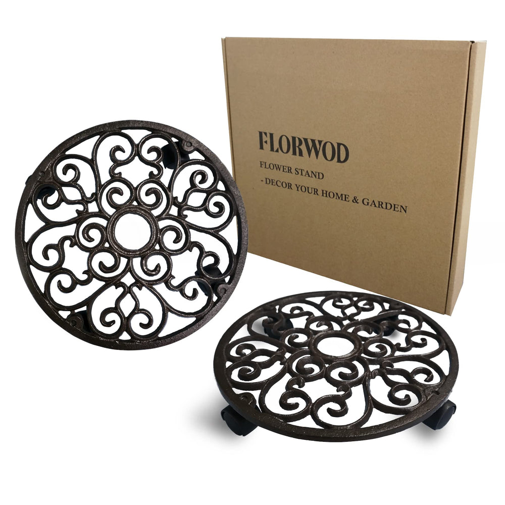 FLORWOD front view of two 11-inch cast iron caddies showing decorative ring and finish, adds style