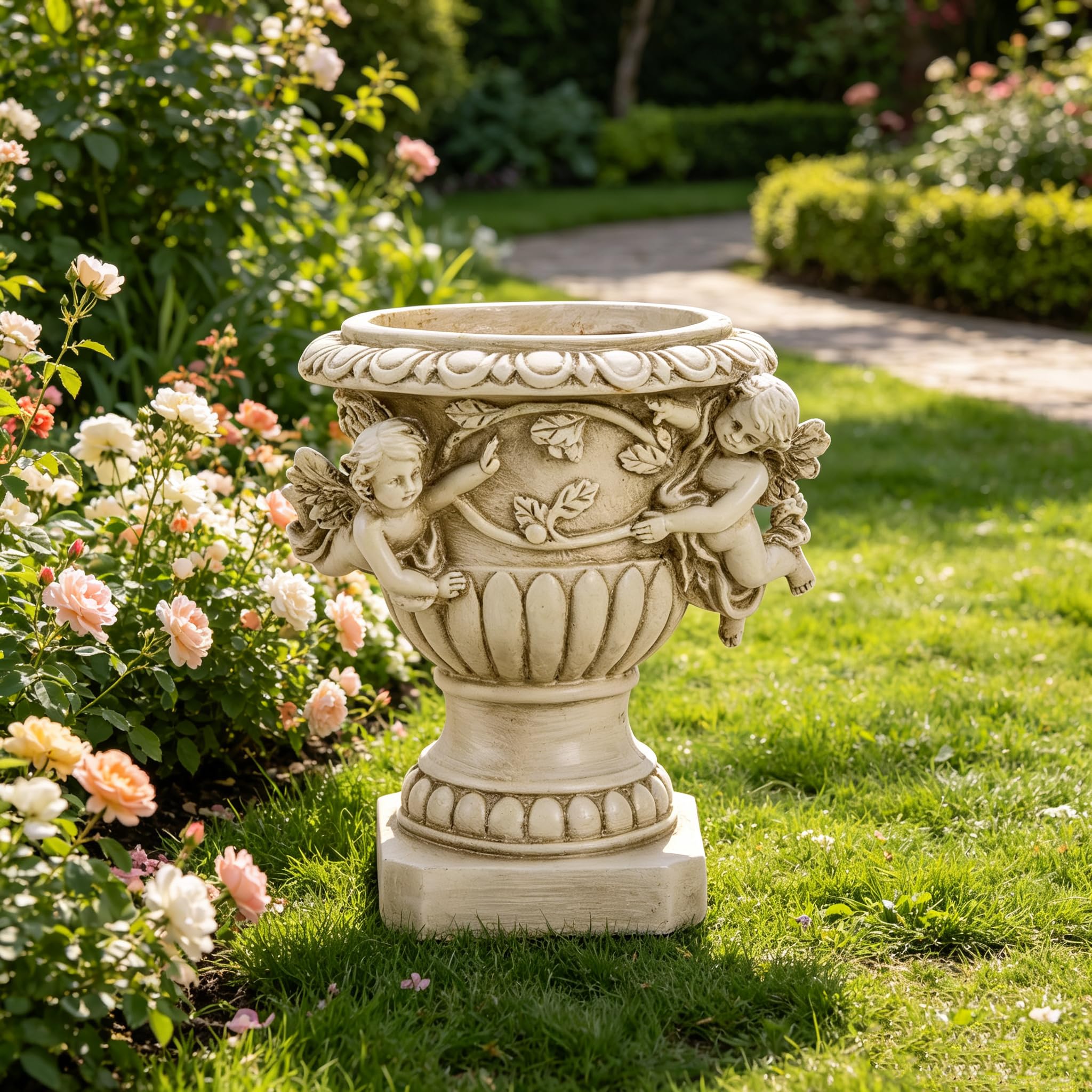 Floryden cherub planter in a living-room vignette adding classical charm