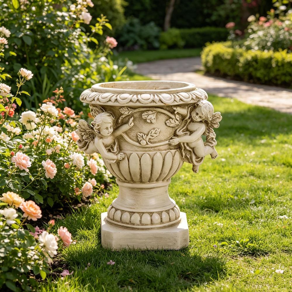 Floryden cherub planter in a living-room vignette adding classical charm